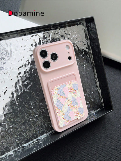 1pc Shockproof Full Coverage Silicone + TPU Liquid Phone Case With Card Holder Set, Cartoon Flower Color Block Patchwork Pattern, UV Printing, Compatible With Apple XS/XS Max/XR/11/12/13/14/15/16/17 P