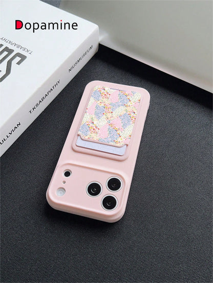 1pc Shockproof Full Coverage Silicone + TPU Liquid Phone Case With Card Holder Set, Cartoon Flower Color Block Patchwork Pattern, UV Printing, Compatible With Apple XS/XS Max/XR/11/12/13/14/15/16/17 P