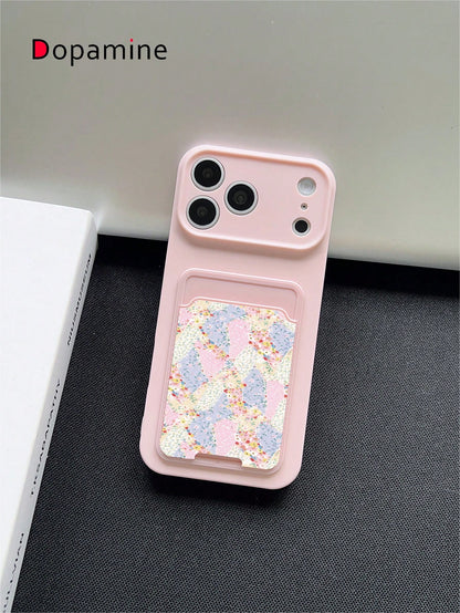 1pc Shockproof Full Coverage Silicone + TPU Liquid Phone Case With Card Holder Set, Cartoon Flower Color Block Patchwork Pattern, UV Printing, Compatible With Apple XS/XS Max/XR/11/12/13/14/15/16/17 P