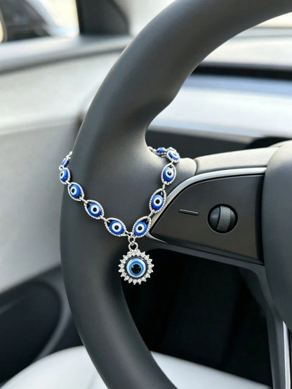 1pc Silver Blue Evil Eye Car Steering Wheel Chain, Sparkling Rhinestone Turkish Evil Eye Pendant Decoration, Bohemian Style Car Interior Decor For Good Luck And Protection, Suitable For Most Car Model