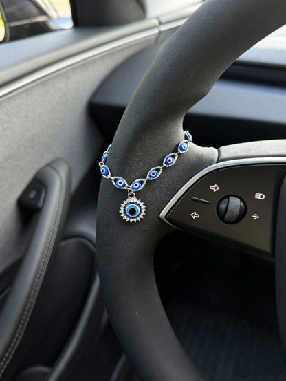 1pc Silver Blue Evil Eye Car Steering Wheel Chain, Sparkling Rhinestone Turkish Evil Eye Pendant Decoration, Bohemian Style Car Interior Decor For Good Luck And Protection, Suitable For Most Car Model