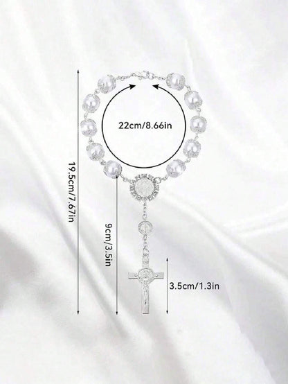 1pc Silver Rhinestone Cross Car Rearview Mirror Decoration, Elegant Car Ornament Beaded Pendant