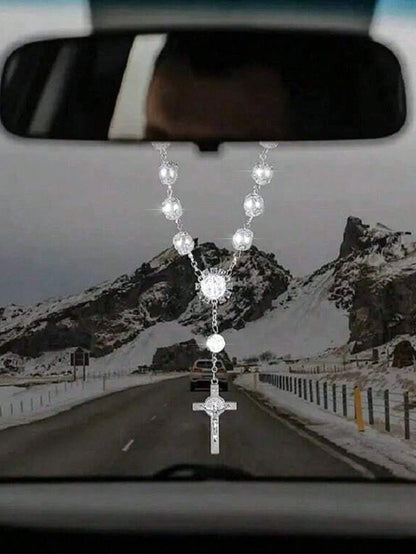1pc Silver Rhinestone Cross Car Rearview Mirror Decoration, Elegant Car Ornament Beaded Pendant