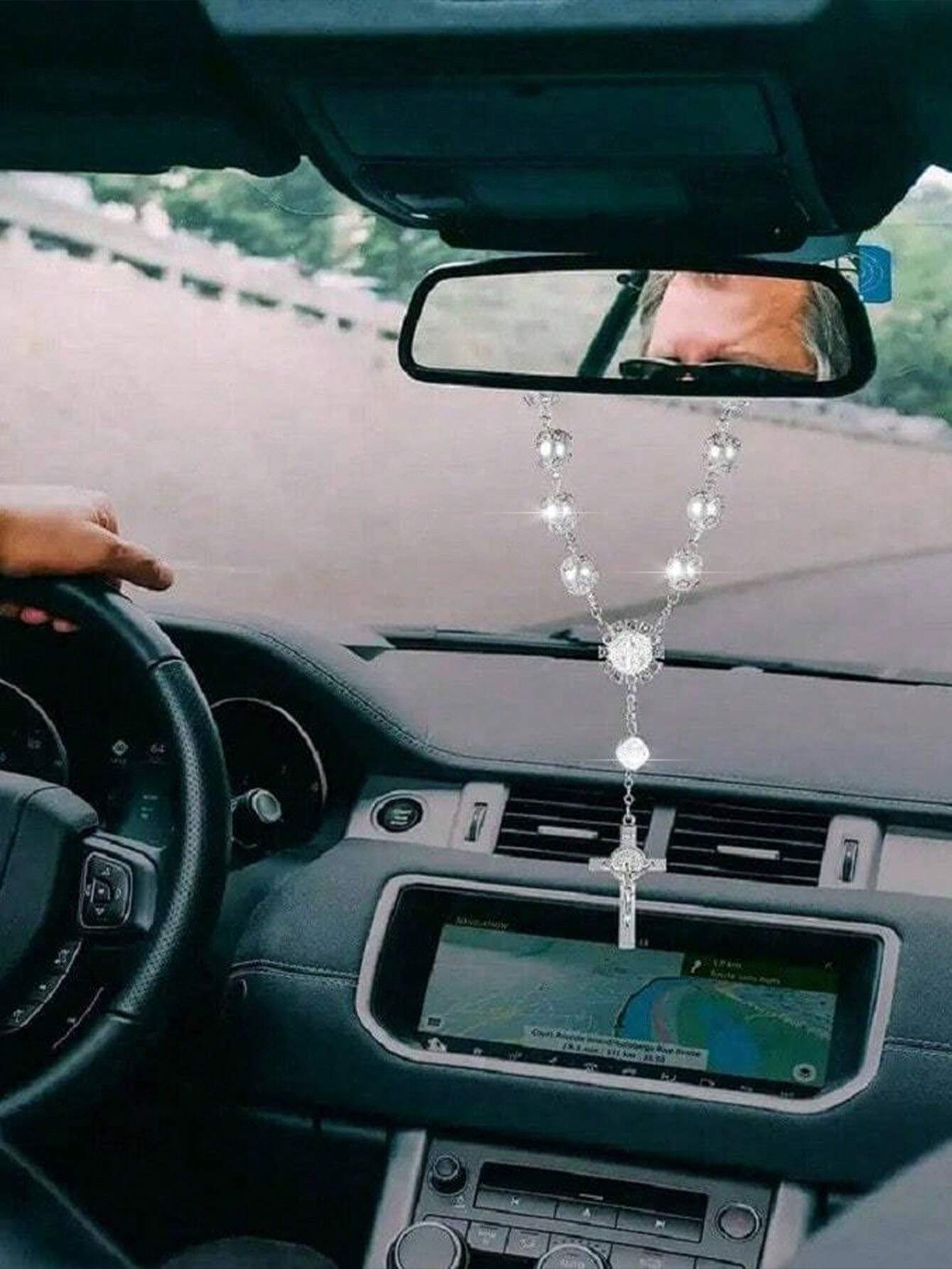 1pc Silver Rhinestone Cross Car Rearview Mirror Decoration, Elegant Car Ornament Beaded Pendant