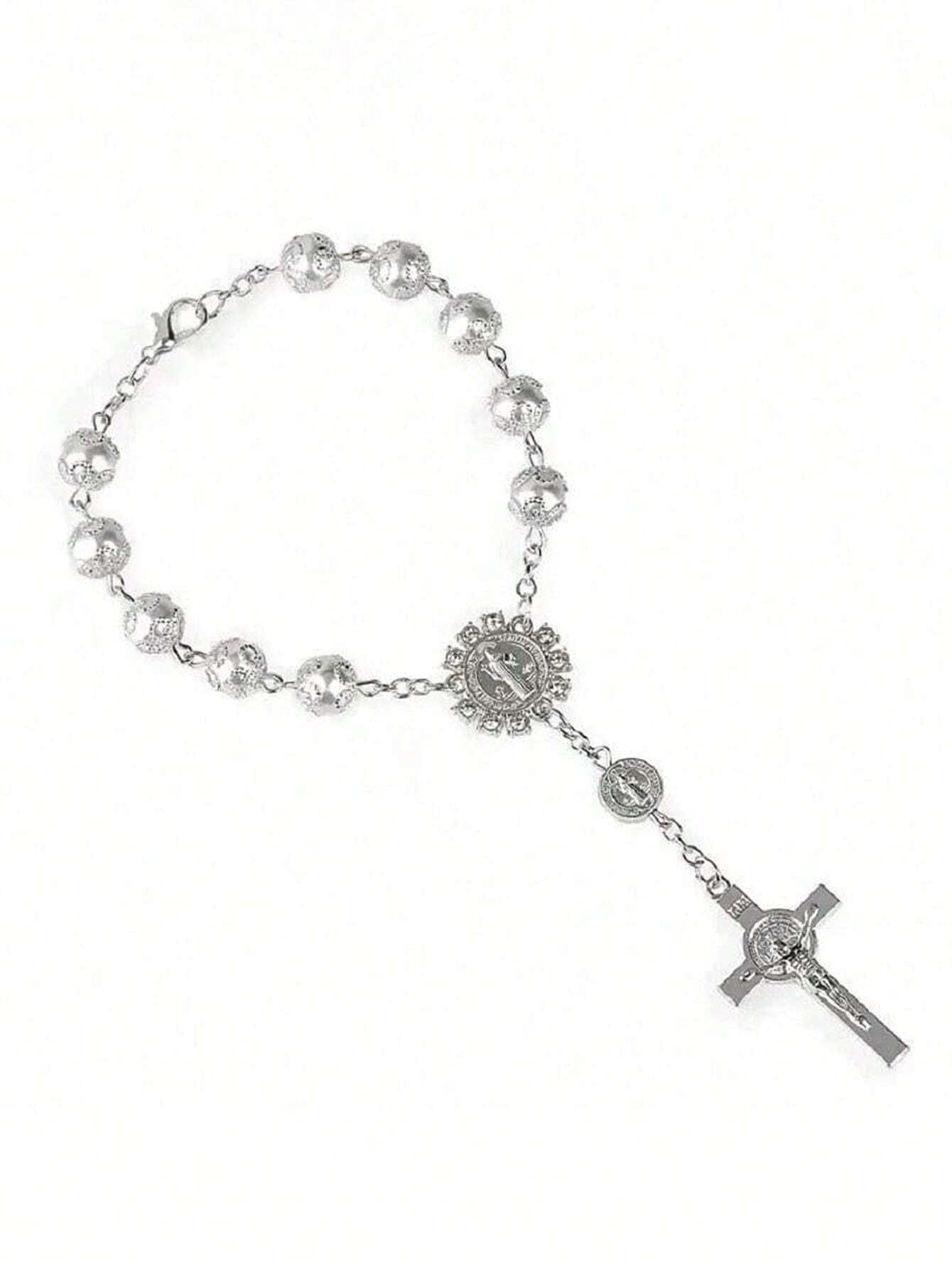 1pc Silver Rhinestone Cross Car Rearview Mirror Decoration, Elegant Car Ornament Beaded Pendant