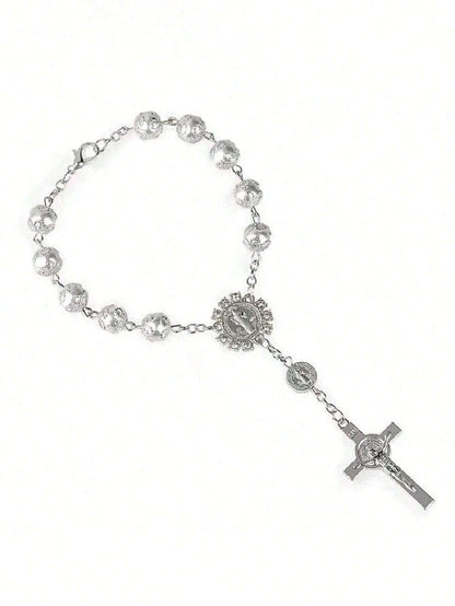 1pc Silver Rhinestone Cross Car Rearview Mirror Decoration, Elegant Car Ornament Beaded Pendant