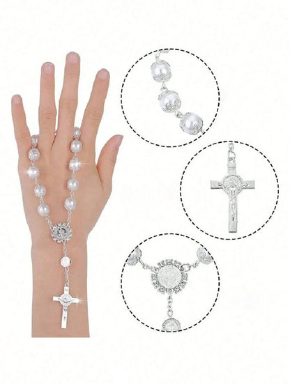 1pc Silver Rhinestone Cross Car Rearview Mirror Decoration, Elegant Car Ornament Beaded Pendant