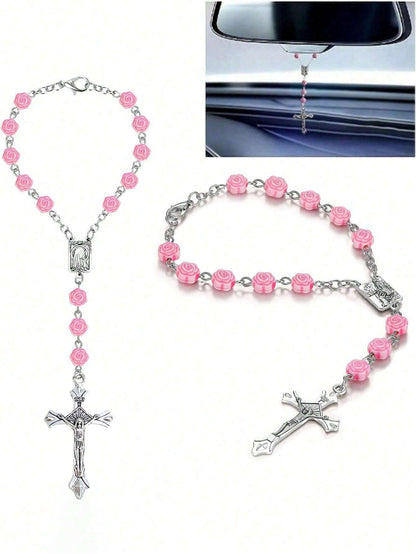 1pc Silver Rhinestone Cross Car Rearview Mirror Decoration, Elegant Car Ornament Beaded Pendant