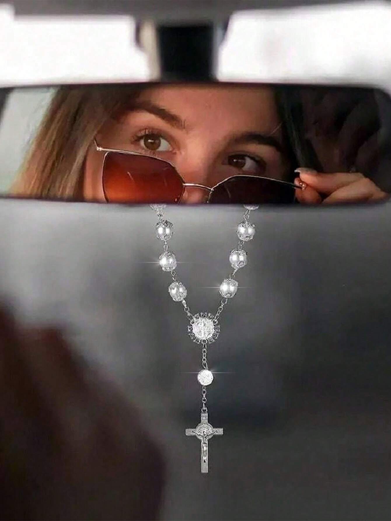 1pc Silver Rhinestone Cross Car Rearview Mirror Decoration, Elegant Car Ornament Beaded Pendant