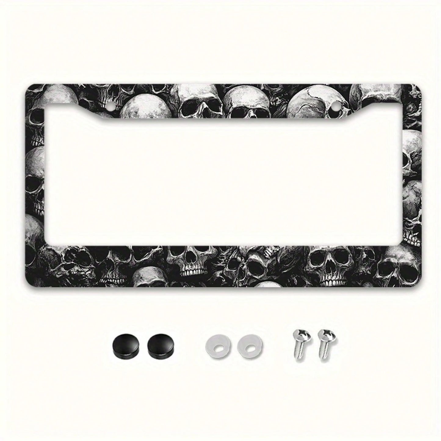 1pc Skull 12x6in Metal License Plate Frame, With Mounting Screws, Universal US International Car Accessory Halloween Decor,Car Cover,Car Must Haves,Gifts,Car Decor,Car Picks,Car Acessesories>Essential
