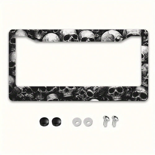 1pc Skull 12x6in Metal License Plate Frame, With Mounting Screws, Universal US International Car Accessory Halloween Decor,Car Cover,Car Must Haves,Gifts,Car Decor,Car Picks,Car Acessesories>Essential