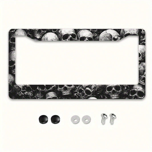 1pc Skull 12x6in Metal License Plate Frame, With Mounting Screws, Universal US International Car Accessory Halloween Decor,Car Cover,Car Must Haves,Gifts,Car Decor,Car Picks,Car Acessesories>Essential