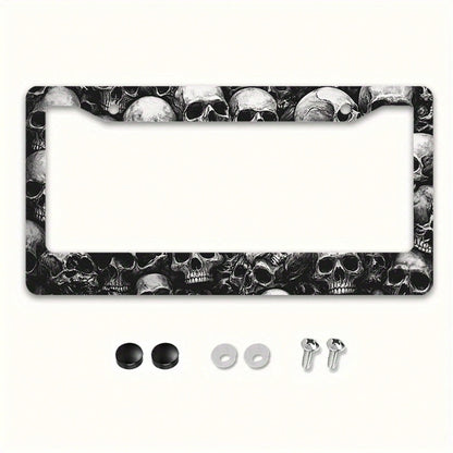 1pc Skull 12x6in Metal License Plate Frame, With Mounting Screws, Universal US International Car Accessory Halloween Decor,Car Cover,Car Must Haves,Gifts,Car Decor,Car Picks,Car Acessesories>Essential