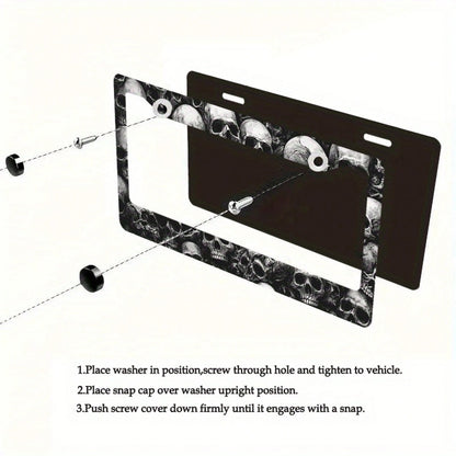 1pc Skull 12x6in Metal License Plate Frame, With Mounting Screws, Universal US International Car Accessory Halloween Decor,Car Cover,Car Must Haves,Gifts,Car Decor,Car Picks,Car Acessesories>Essential