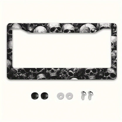 1pc Skull 12x6in Metal License Plate Frame, With Mounting Screws, Universal US International Car Accessory Halloween Decor,Car Cover,Car Must Haves,Gifts,Car Decor,Car Picks,Car Acessesories>Essential