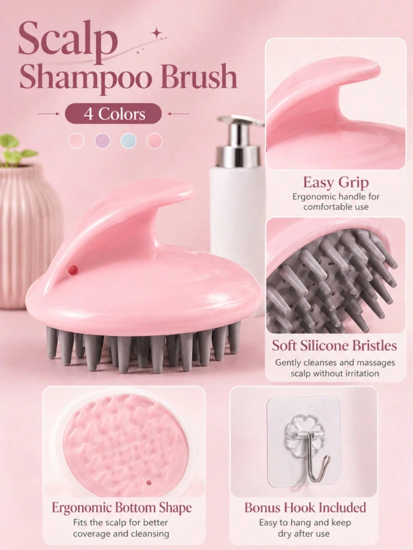 1pc Soft Silicone Shampoo Brush, Dry & Wet Use Scalp Massage Brush, Deep Cleaning Exfoliating Stress Relief, Handheld Shower Brush, Suitable For Home Bathing, SPA, Travel, Unisex For Adults, Students