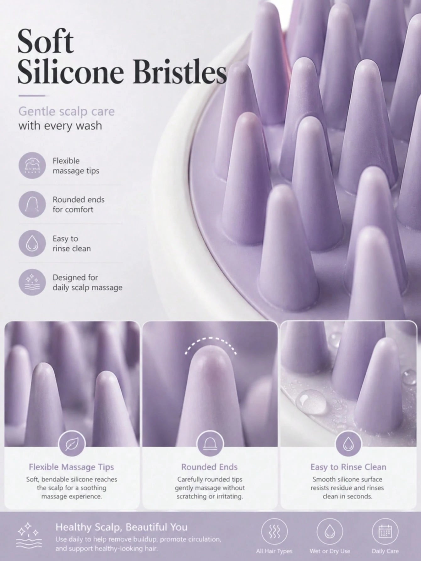 1pc Soft Silicone Shampoo Brush, Dry & Wet Use Scalp Massage Brush, Deep Cleaning Exfoliating Stress Relief, Handheld Shower Brush, Suitable For Home Bathing, SPA, Travel, Unisex For Adults, Students