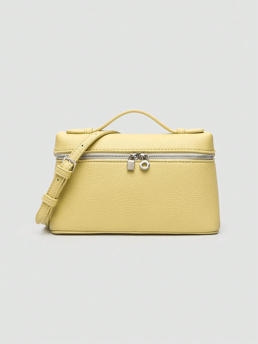 1pc Solid Color Litchi Grain PU Square Shoulder Bag, Small Handbag For Women,  Yellow