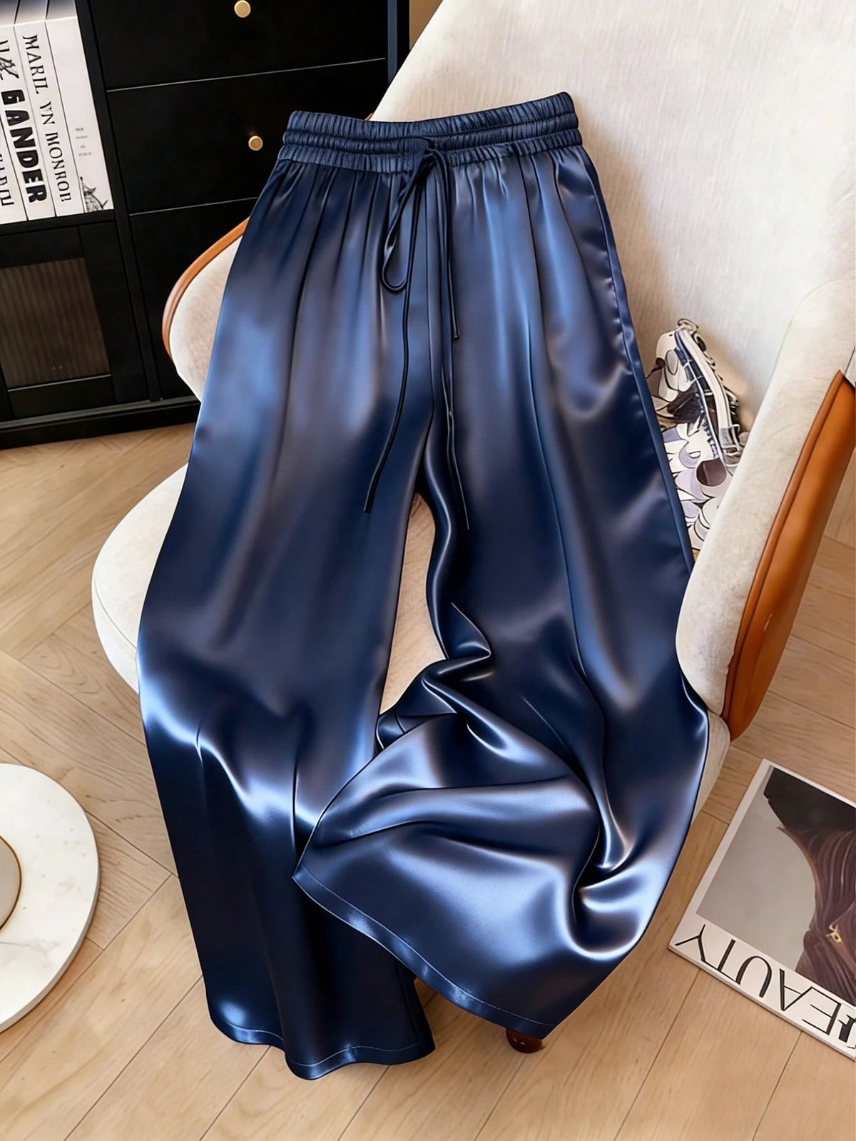 1pc Solid Color Woven Fabric Drawstring Pants, Suitable For Holiday, School, Party, Airport, Stage Performance, Autumn/Winter With Shiny Finish Spring