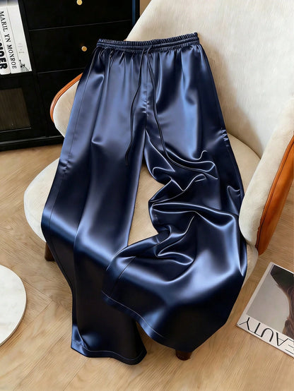1pc Solid Color Woven Fabric Drawstring Pants, Suitable For Holiday, School, Party, Airport, Stage Performance, Autumn/Winter With Shiny Finish Spring