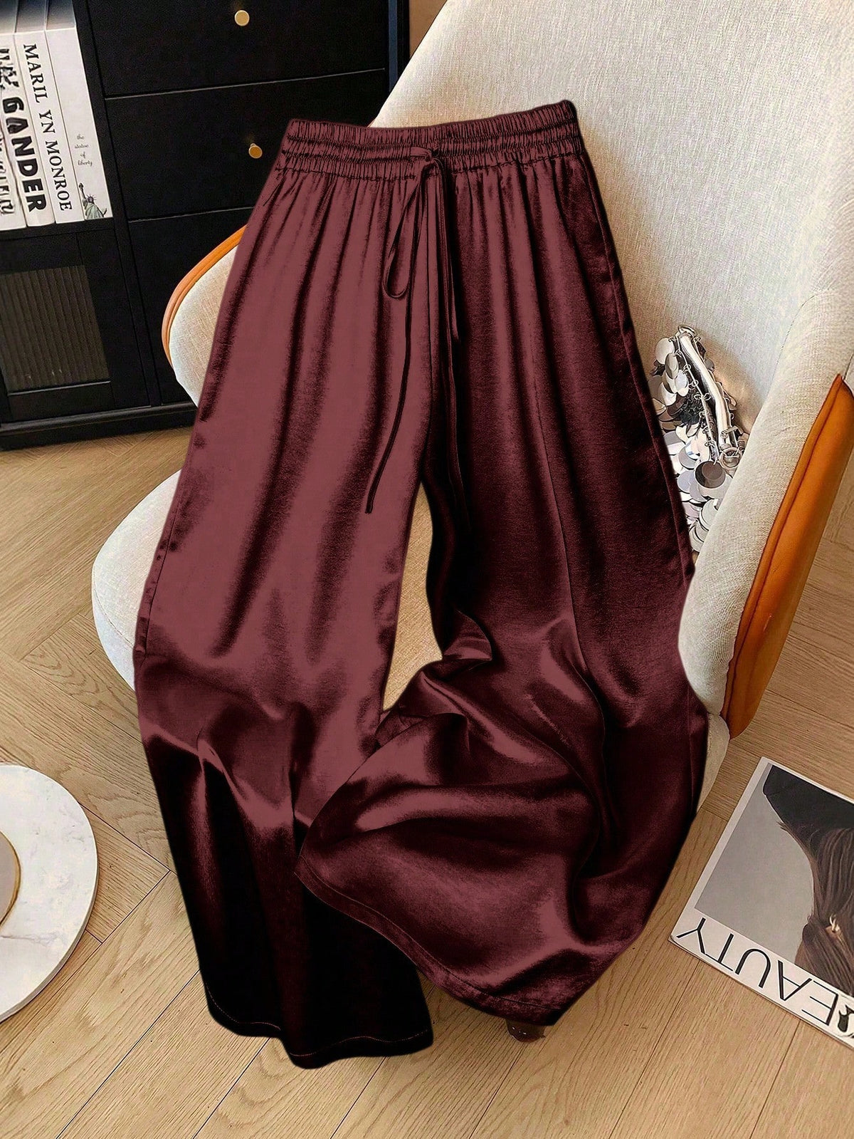 1pc Solid Color Woven Fabric Drawstring Pants, Suitable For Holiday, School, Party, Airport, Stage Performance, Autumn/Winter With Shiny Finish Spring