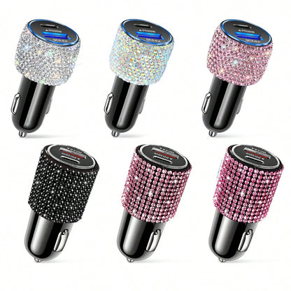 1pc Sparkling Rhinestone Car Charger, Fast Charging USB A/C Type Car Phone Charger, Diamond Adapter, Compatible With 3-In-1 Fast Charging For Car, Retractable Data Cable, Supports Phones, Dashcams, GP