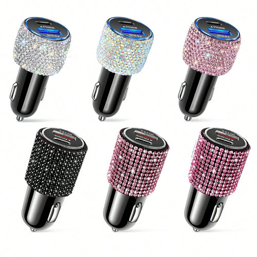 1pc Sparkling Rhinestone Car Charger, Fast Charging USB A/C Type Car Phone Charger, Diamond Adapter, Compatible With 3-In-1 Fast Charging For Car, Retractable Data Cable, Supports Phones, Dashcams, GP