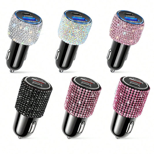 1pc Sparkling Rhinestone Car Charger, Fast Charging USB A/C Type Car Phone Charger, Diamond Adapter, Compatible With 3-In-1 Fast Charging For Car, Retractable Data Cable, Supports Phones, Dashcams, GP