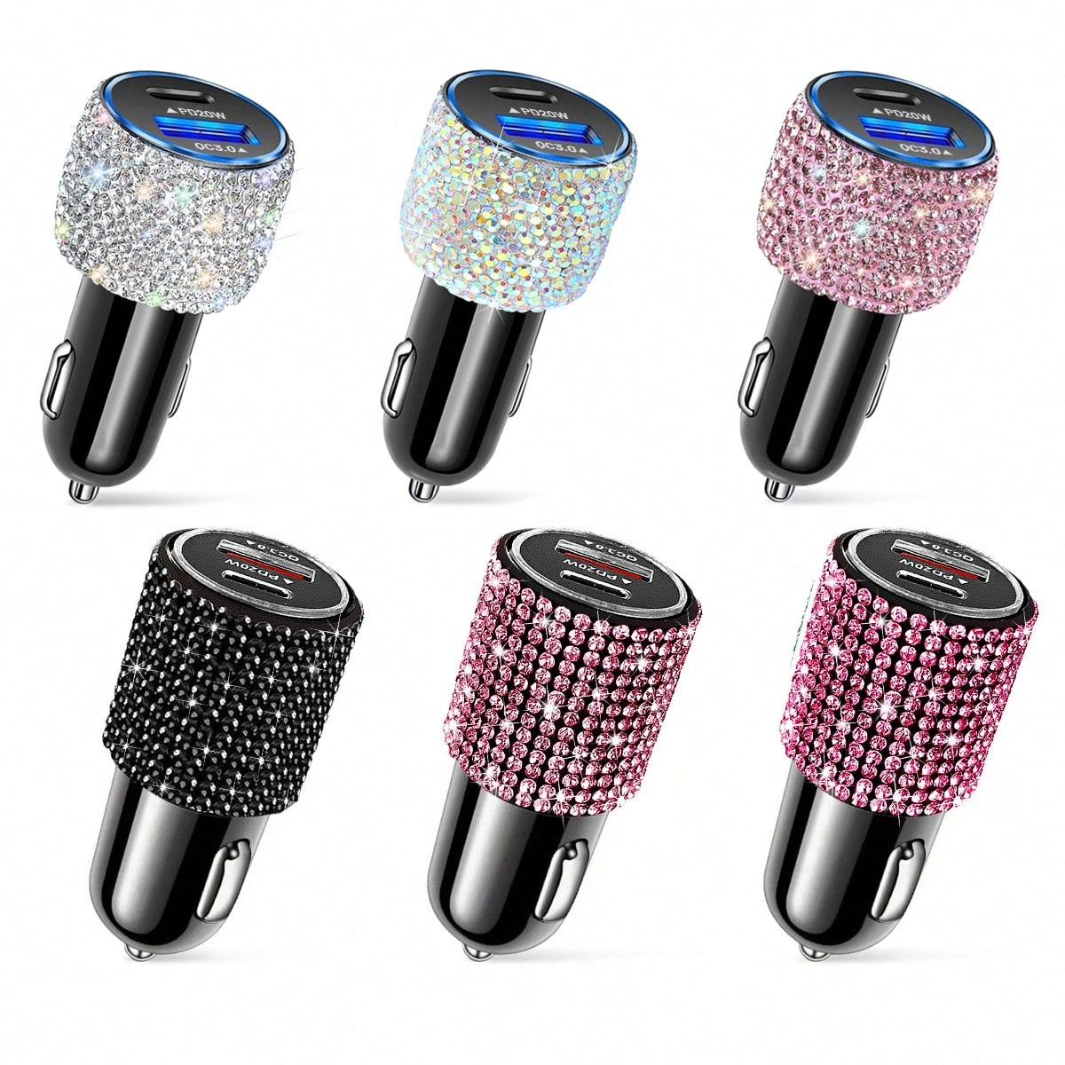 1pc Sparkling Rhinestone Car Charger, Fast Charging USB A/C Type Car Phone Charger, Diamond Adapter, Compatible With 3-In-1 Fast Charging For Car, Retractable Data Cable, Supports Phones, Dashcams, GP