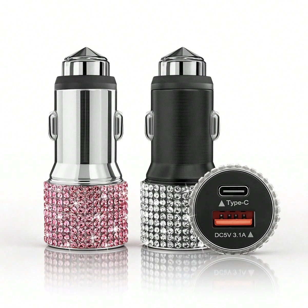 1pc Sparkling Rhinestone Car Charger, Fast Charging USB A/C Type Car Phone Charger, Diamond Adapter, Compatible With 3-In-1 Fast Charging For Car, Retractable Data Cable, Supports Phones, Dashcams, GP