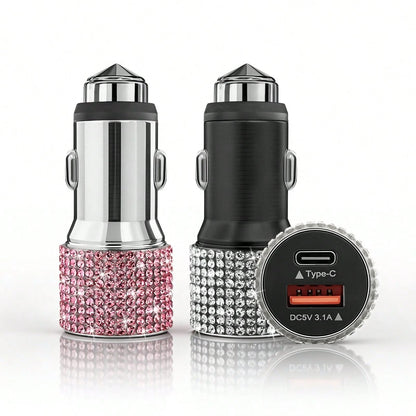 1pc Sparkling Rhinestone Car Charger, Fast Charging USB A/C Type Car Phone Charger, Diamond Adapter, Compatible With 3-In-1 Fast Charging For Car, Retractable Data Cable, Supports Phones, Dashcams, GP