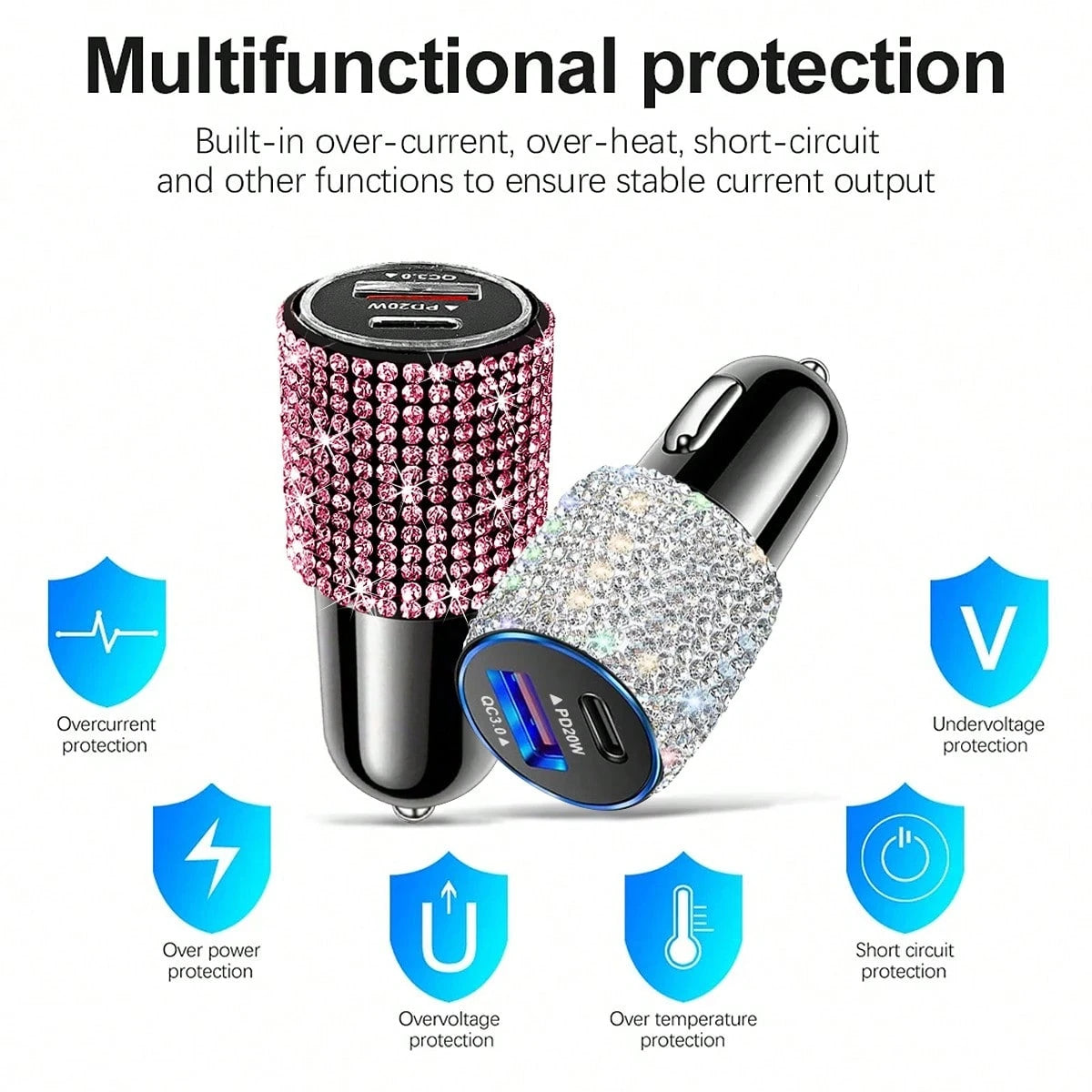 1pc Sparkling Rhinestone Car Charger, Fast Charging USB A/C Type Car Phone Charger, Diamond Adapter, Compatible With 3-In-1 Fast Charging For Car, Retractable Data Cable, Supports Phones, Dashcams, GP