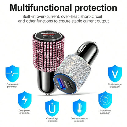 1pc Sparkling Rhinestone Car Charger, Fast Charging USB A/C Type Car Phone Charger, Diamond Adapter, Compatible With 3-In-1 Fast Charging For Car, Retractable Data Cable, Supports Phones, Dashcams, GP