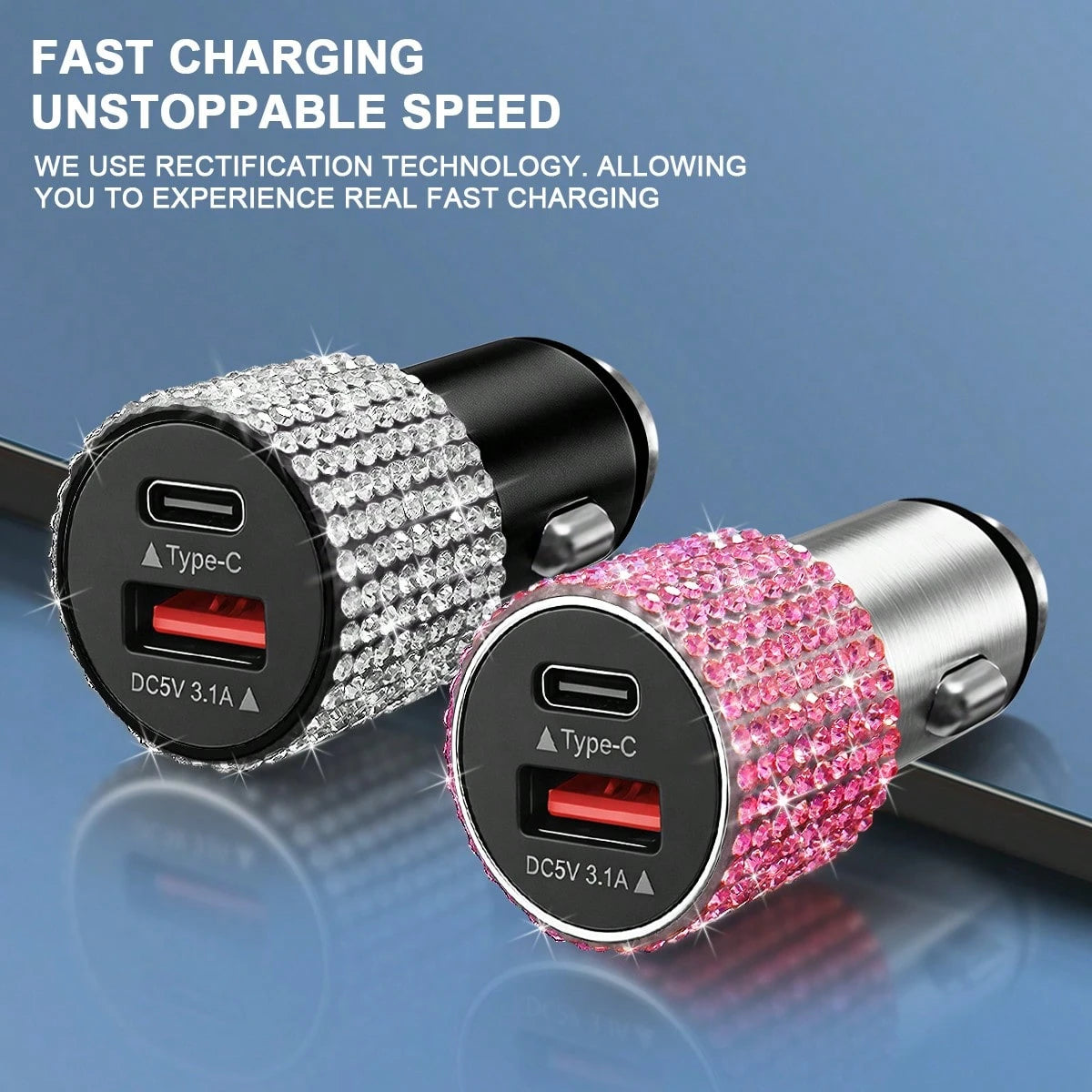 1pc Sparkling Rhinestone Car Charger, Fast Charging USB A/C Type Car Phone Charger, Diamond Adapter, Compatible With 3-In-1 Fast Charging For Car, Retractable Data Cable, Supports Phones, Dashcams, GP