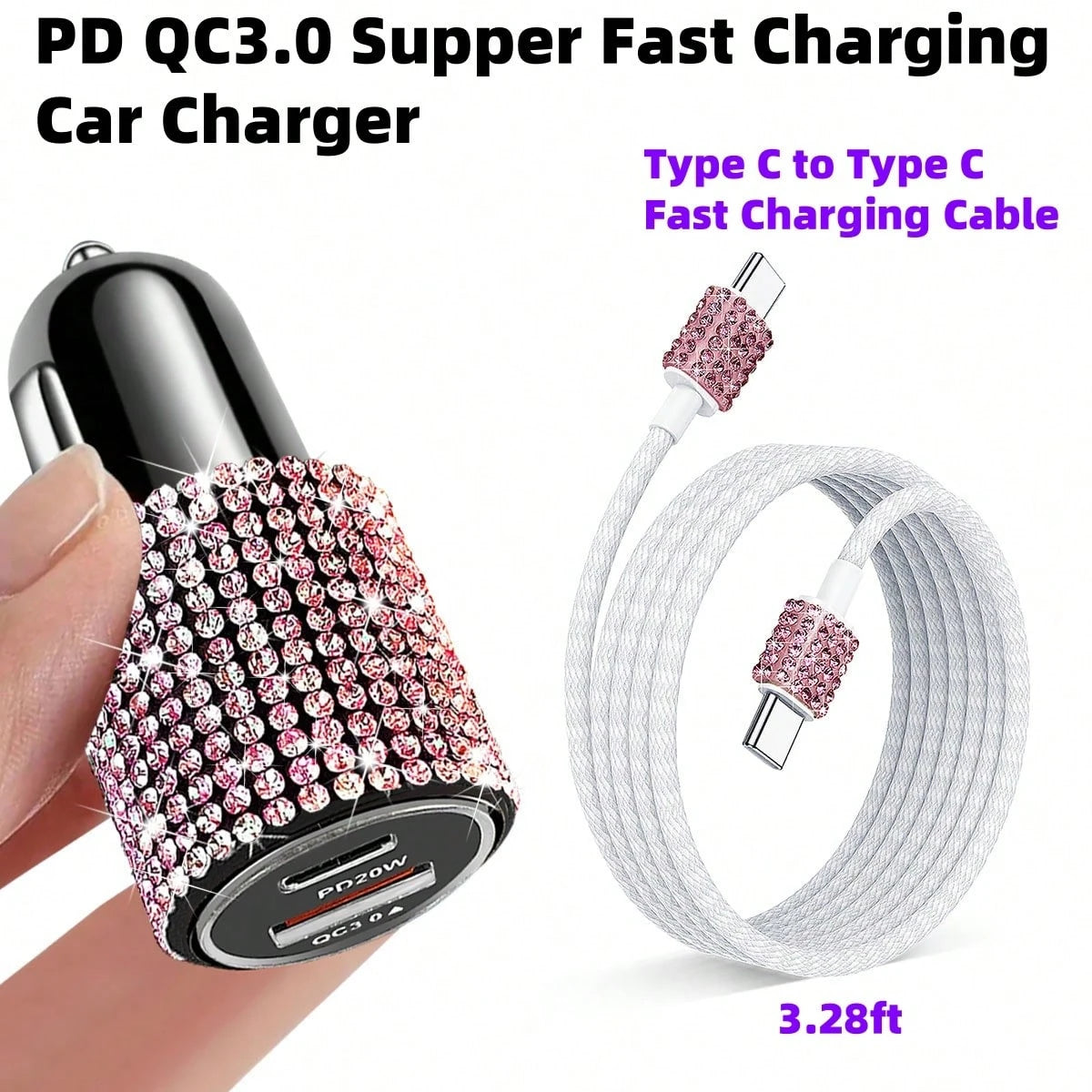 1pc Sparkling Rhinestone Car Charger, Fast Charging USB A/C Type Car Phone Charger, Diamond Adapter, Compatible With 3-In-1 Fast Charging For Car, Retractable Data Cable, Supports Phones, Dashcams, GP
