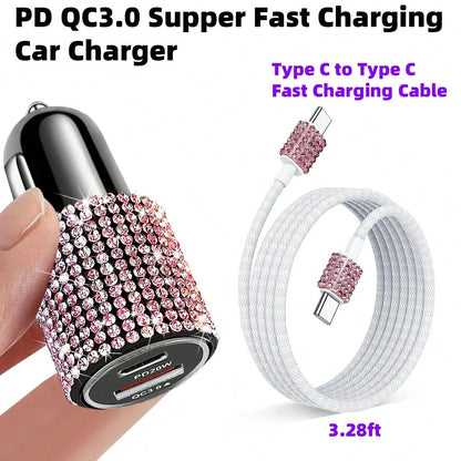 1pc Sparkling Rhinestone Car Charger, Fast Charging USB A/C Type Car Phone Charger, Diamond Adapter, Compatible With 3-In-1 Fast Charging For Car, Retractable Data Cable, Supports Phones, Dashcams, GP