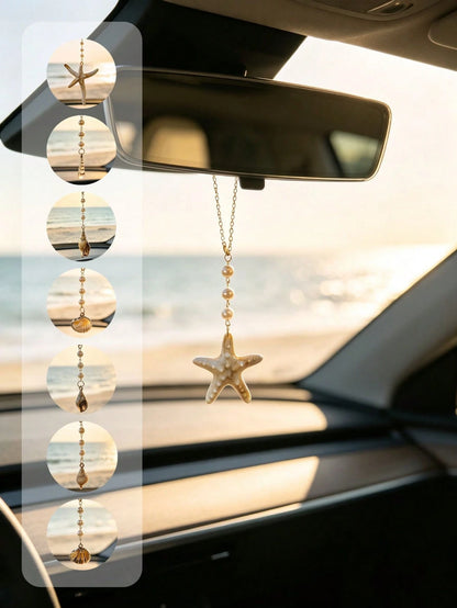 1pc Starfish Conch Shell Pearl Bead Car Rearview Mirror Hanging Ornament, Beach Theme Chain Auto Interior Decor Multi Style Vehicle Accessory