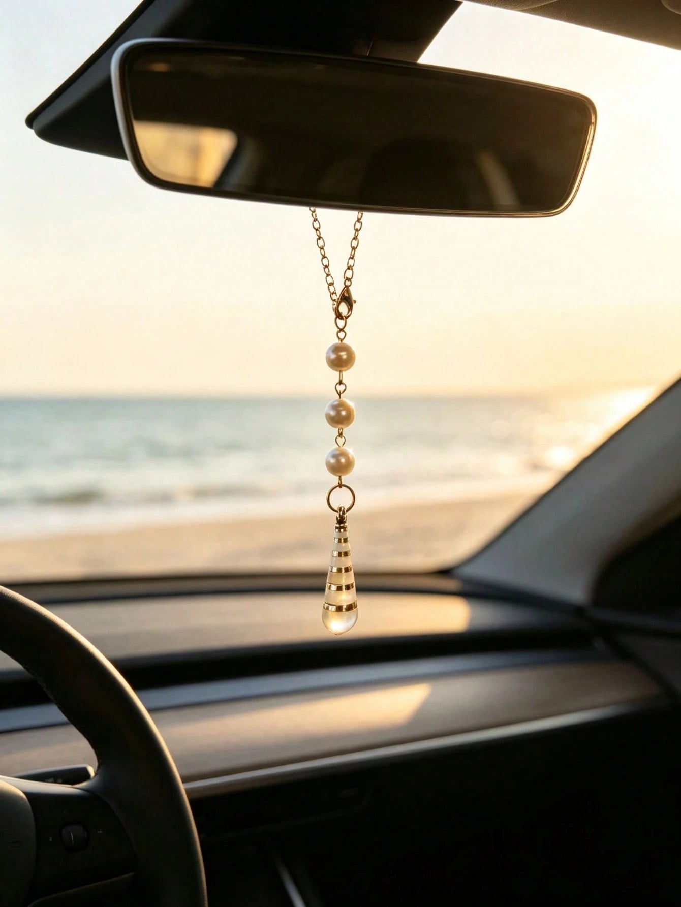 1pc Starfish Conch Shell Pearl Bead Car Rearview Mirror Hanging Ornament, Beach Theme Chain Auto Interior Decor Multi Style Vehicle Accessory