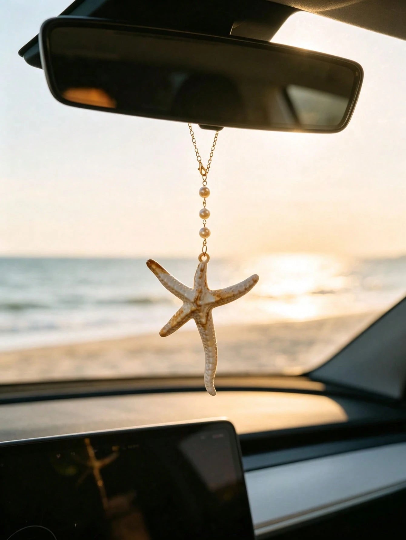 1pc Starfish Conch Shell Pearl Bead Car Rearview Mirror Hanging Ornament, Beach Theme Chain Auto Interior Decor Multi Style Vehicle Accessory