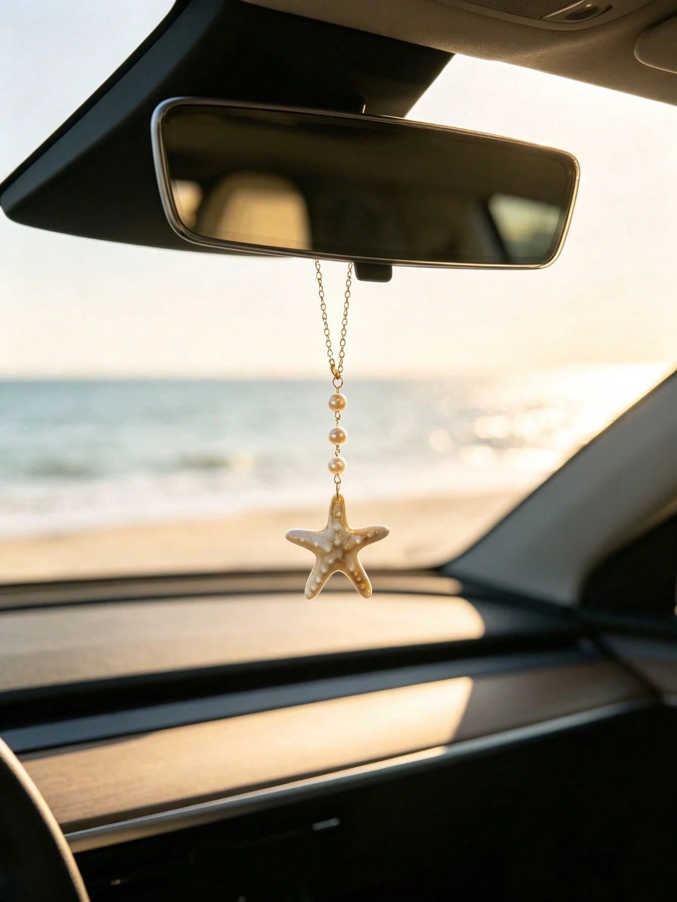 1pc Starfish Conch Shell Pearl Bead Car Rearview Mirror Hanging Ornament, Beach Theme Chain Auto Interior Decor Multi Style Vehicle Accessory
