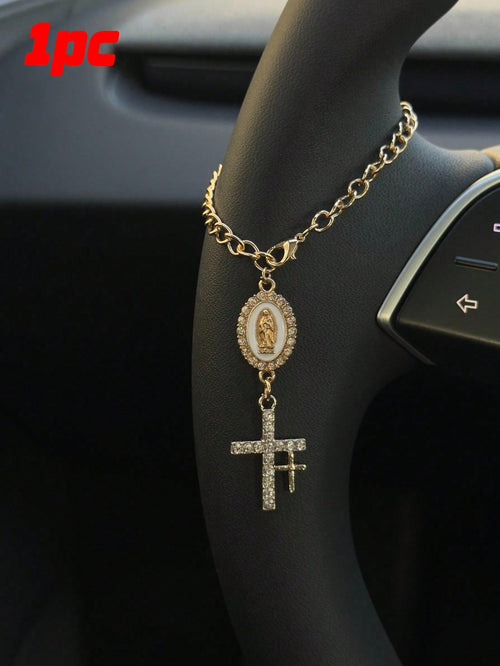 1pc Steering Wheel Decor, 15cm Adjustable Length, Minimalist, Cute, Creative Rosary Charm Car Accessory, Unique Fashion Car Pendant Decoration