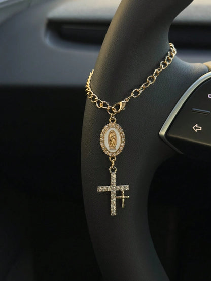 1pc Steering Wheel Decor, 15cm Adjustable Length, Minimalist, Cute, Creative Rosary Charm Car Accessory, Unique Fashion Car Pendant Decoration