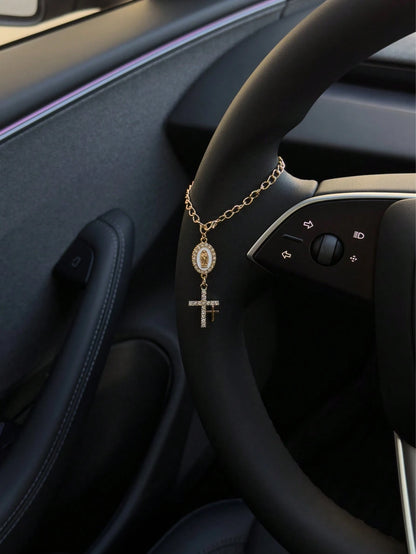 1pc Steering Wheel Decor, 15cm Adjustable Length, Minimalist, Cute, Creative Rosary Charm Car Accessory, Unique Fashion Car Pendant Decoration