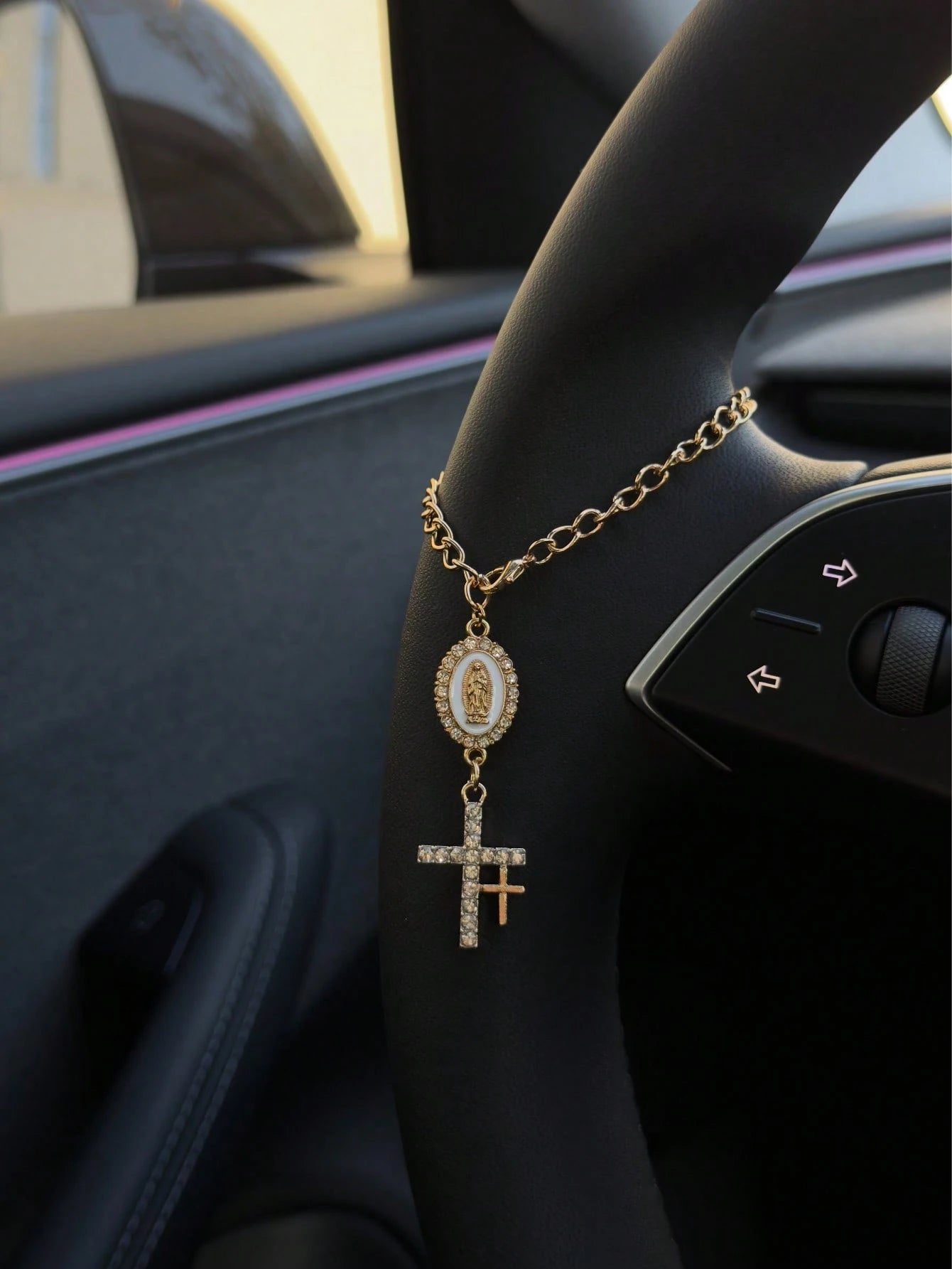 1pc Steering Wheel Decor, 15cm Adjustable Length, Minimalist, Cute, Creative Rosary Charm Car Accessory, Unique Fashion Car Pendant Decoration