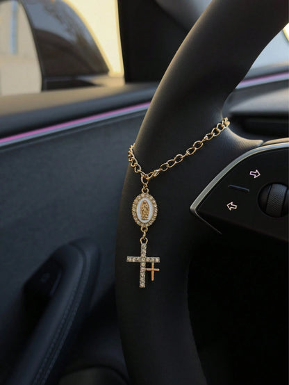 1pc Steering Wheel Decor, 15cm Adjustable Length, Minimalist, Cute, Creative Rosary Charm Car Accessory, Unique Fashion Car Pendant Decoration