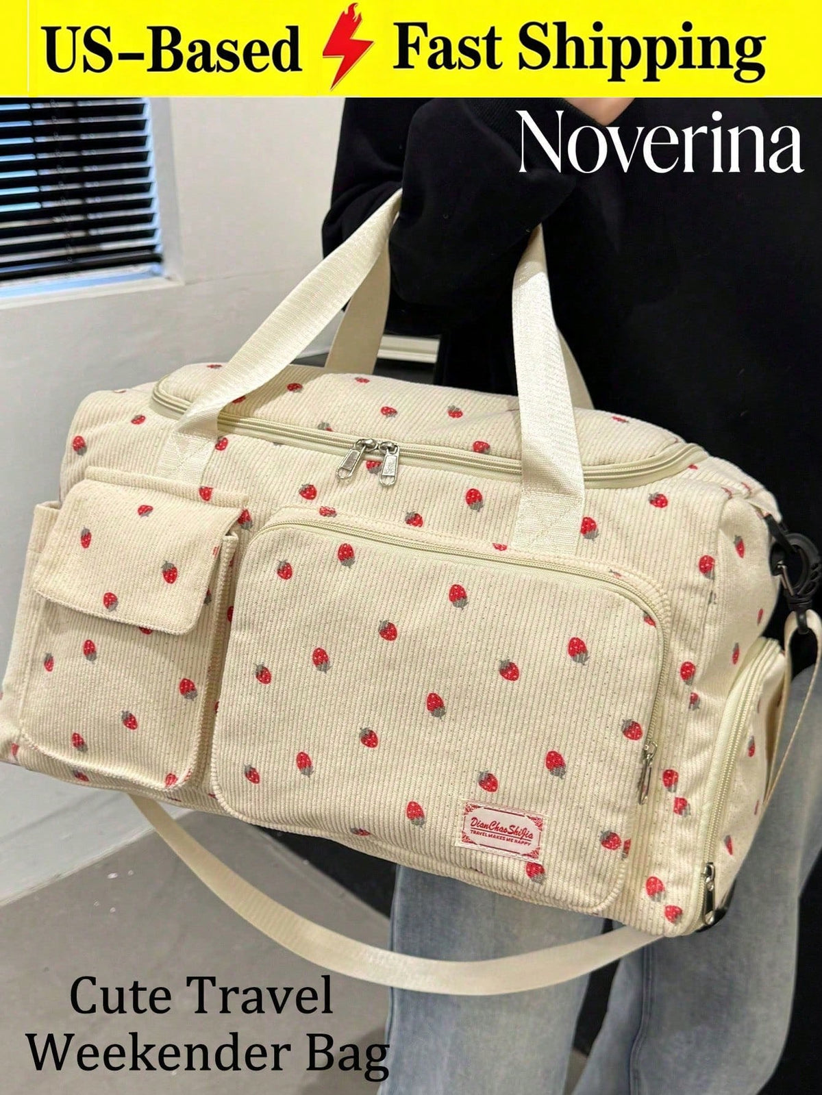 1pc Strawberry Pattern Corduroy Material Travel Luggage Bag Large Capacity Clothes Storage Carry On Duffle Bag Traveling Tote Bag Gym Bag Weekend Bag