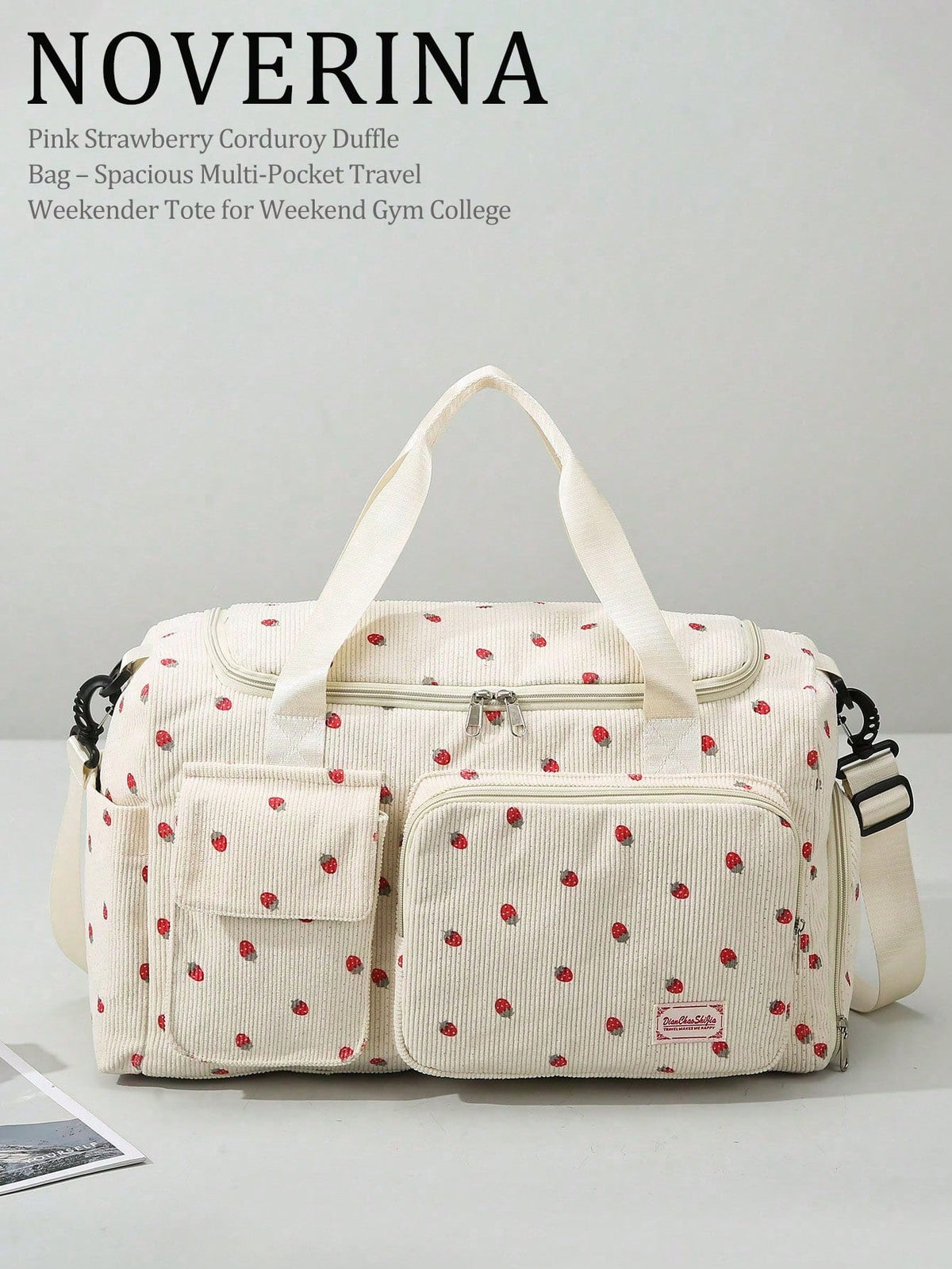 1pc Strawberry Pattern Corduroy Material Travel Luggage Bag Large Capacity Clothes Storage Carry On Duffle Bag Traveling Tote Bag Gym Bag Weekend Bag