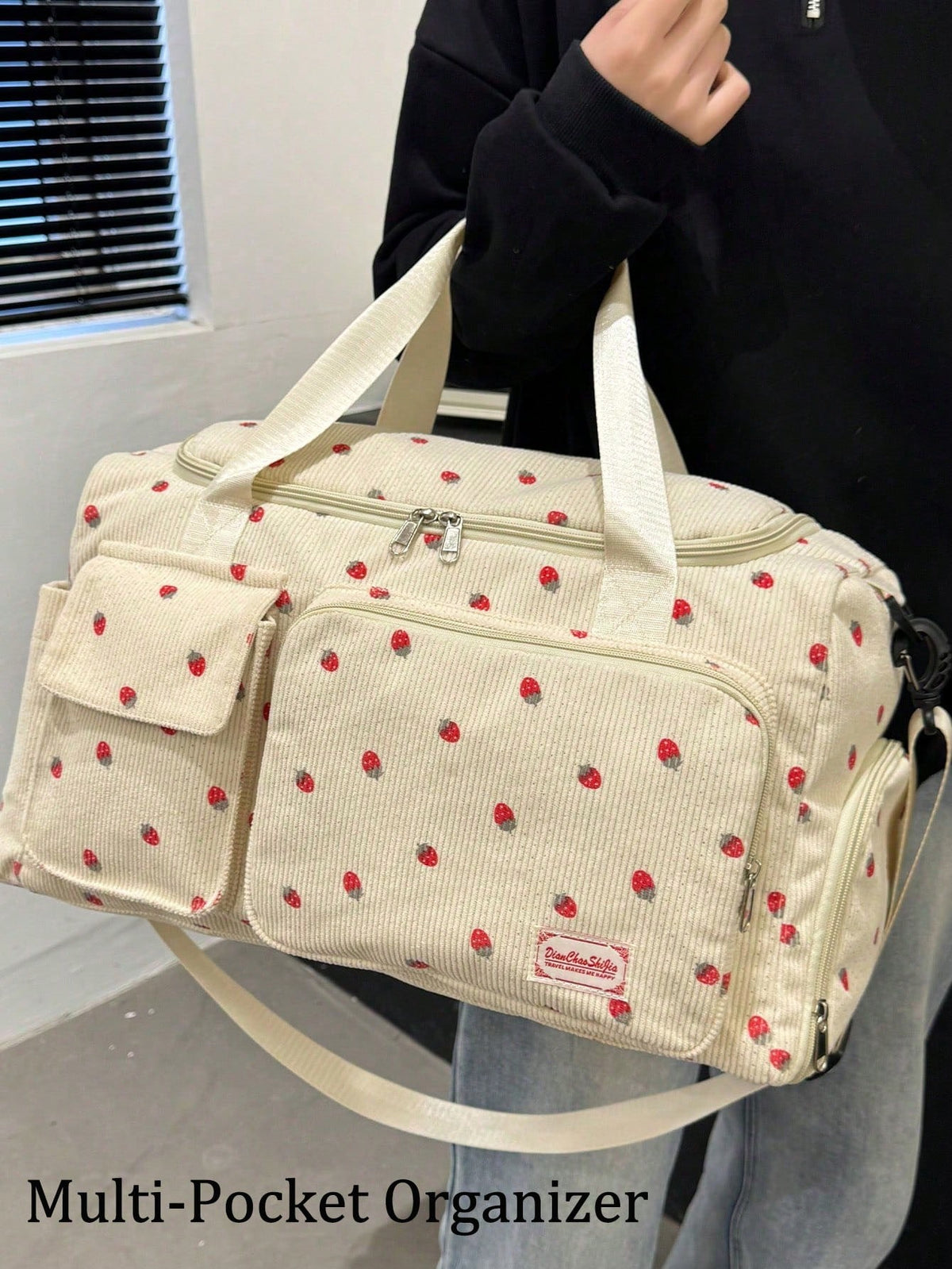 1pc Strawberry Pattern Corduroy Material Travel Luggage Bag Large Capacity Clothes Storage Carry On Duffle Bag Traveling Tote Bag Gym Bag Weekend Bag