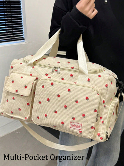 1pc Strawberry Pattern Corduroy Material Travel Luggage Bag Large Capacity Clothes Storage Carry On Duffle Bag Traveling Tote Bag Gym Bag Weekend Bag