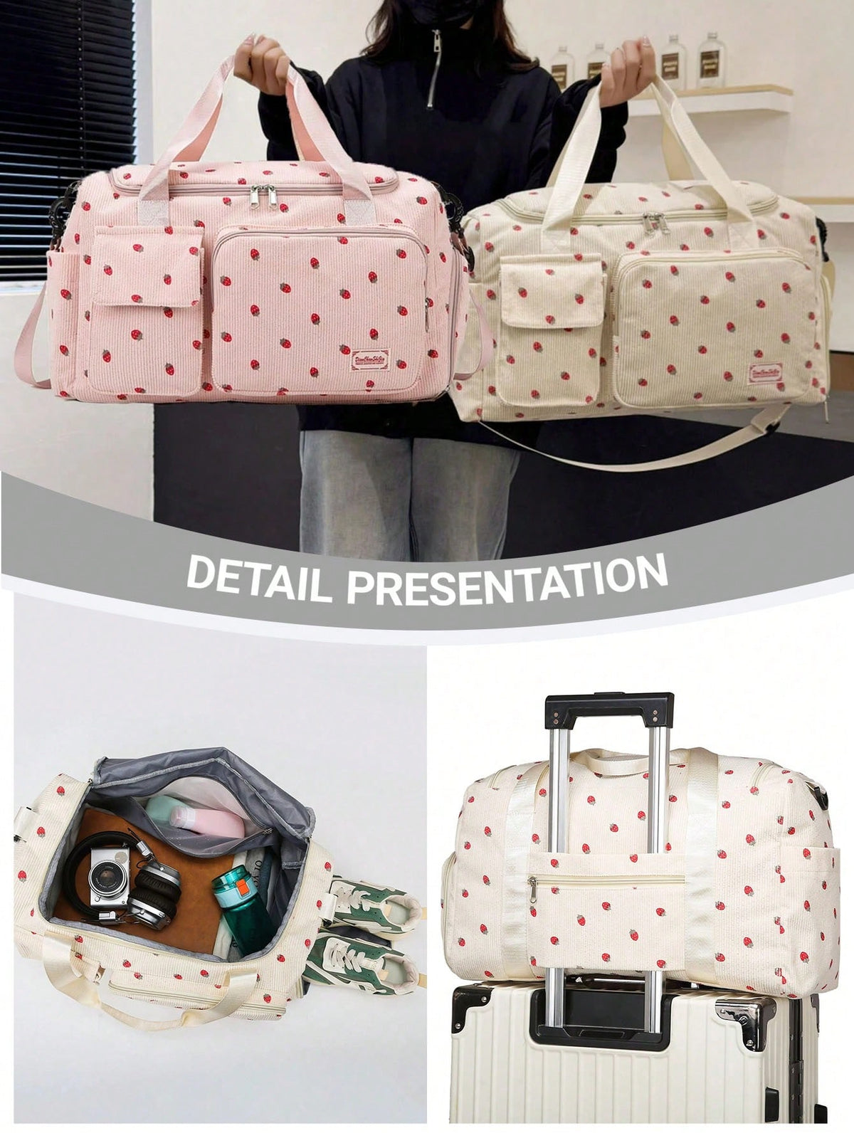 1pc Strawberry Pattern Corduroy Material Travel Luggage Bag Large Capacity Clothes Storage Carry On Duffle Bag Traveling Tote Bag Gym Bag Weekend Bag